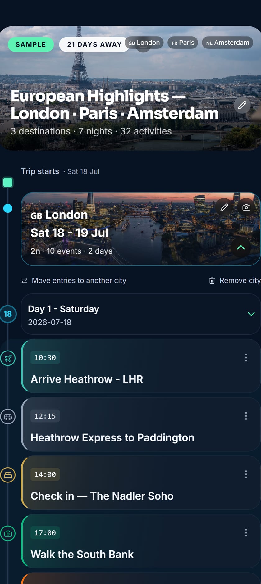 A Voyaij itinerary with cities, days and events laid out