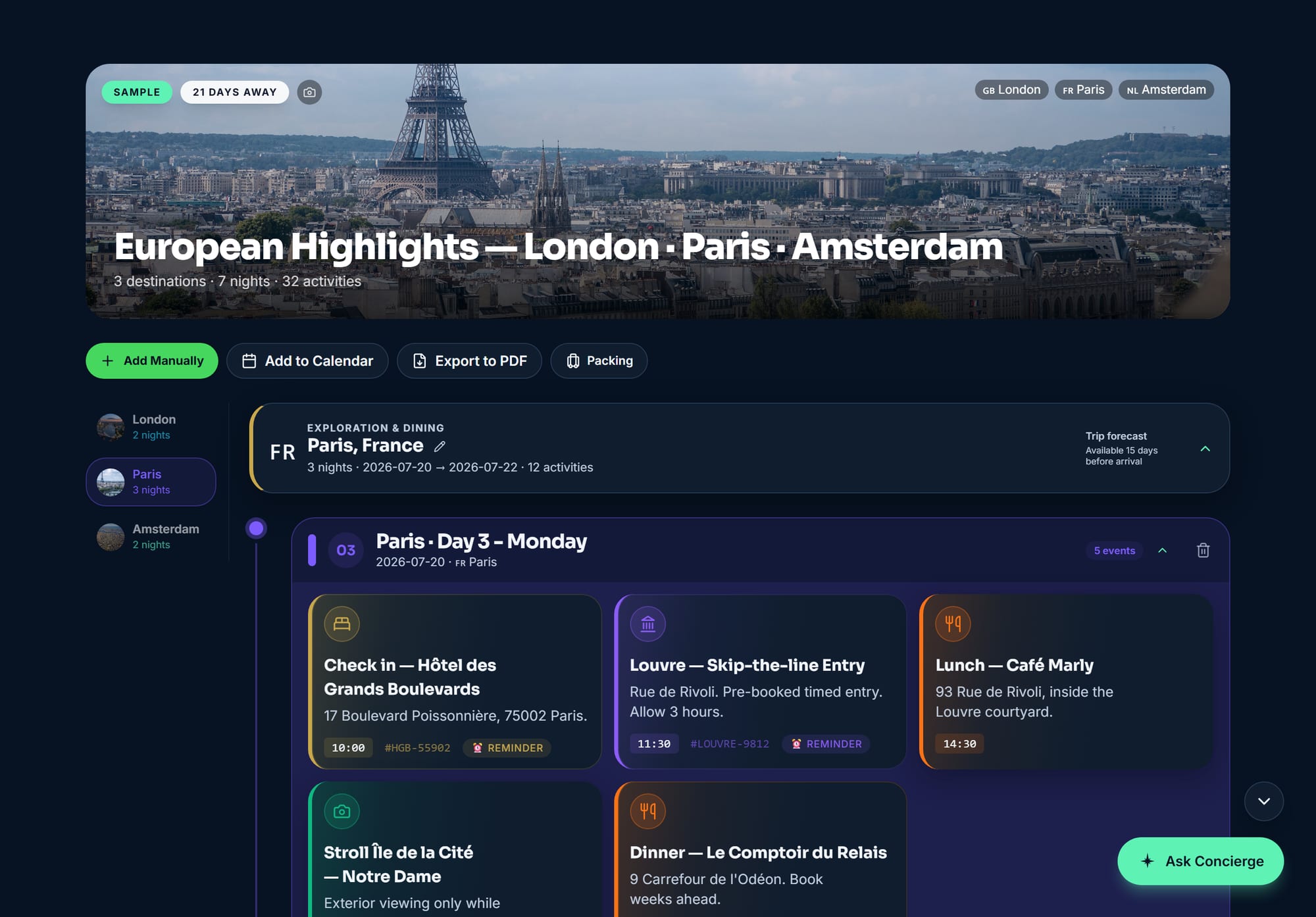 A Voyaij itinerary with cities, days and events laid out